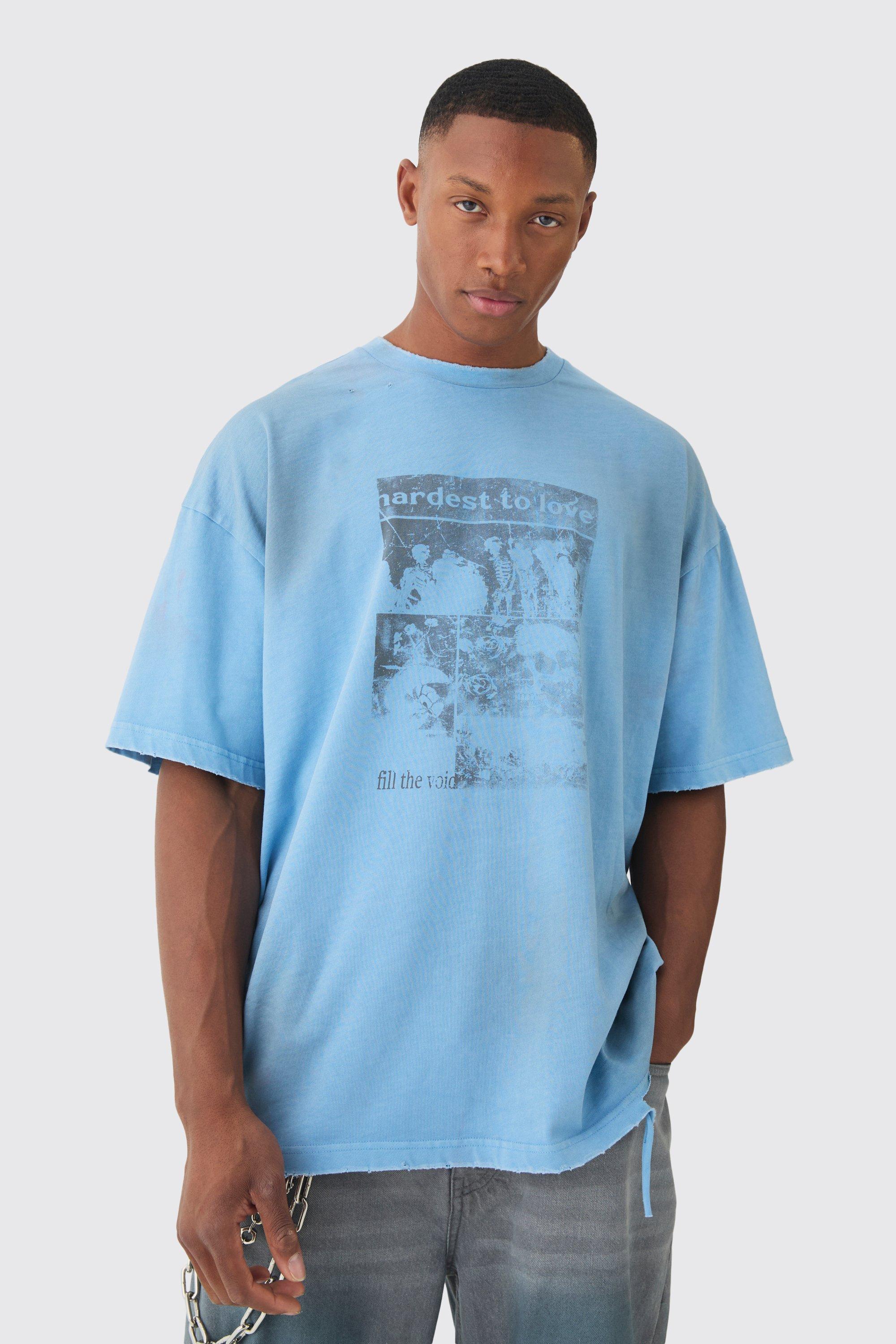 Mens Blue Premium Oversized Washed & Printed T-shirt, Blue